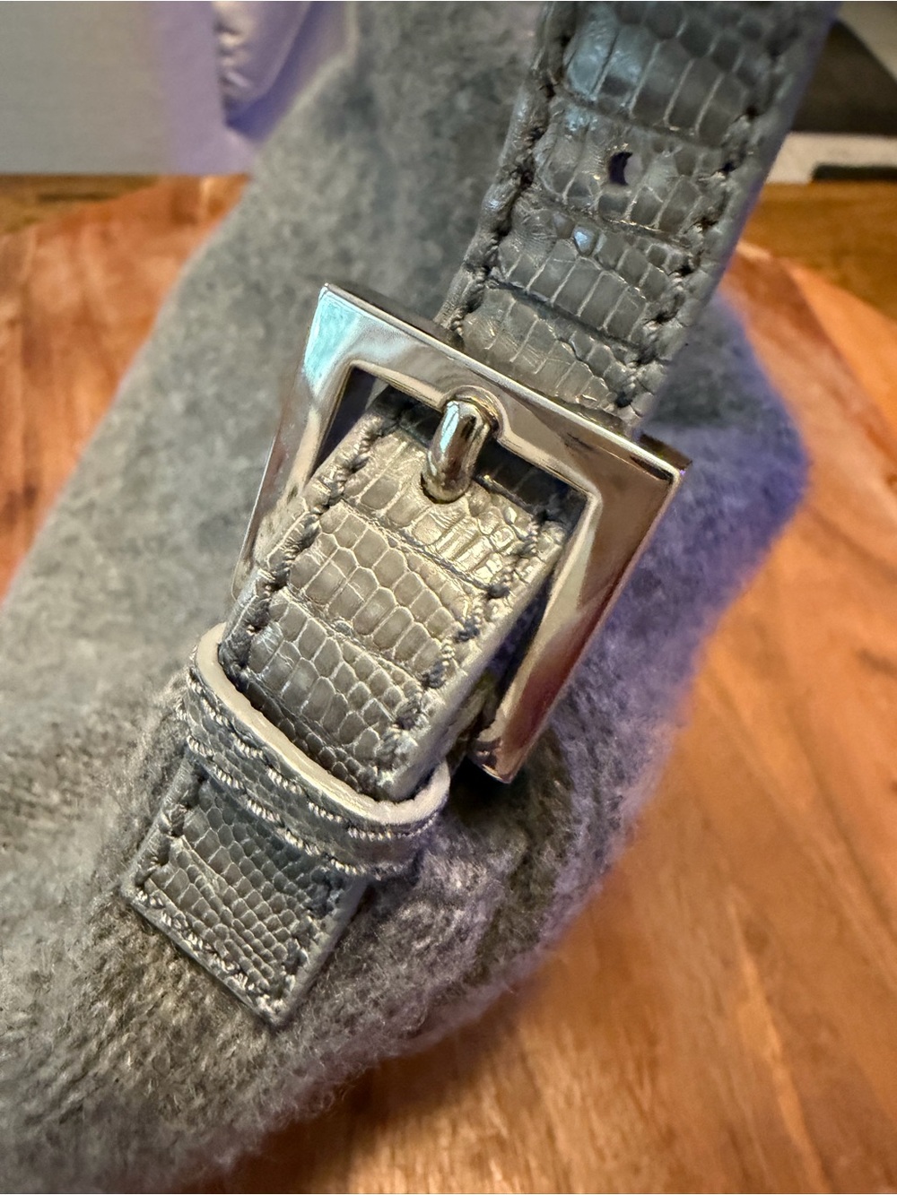Fendi Gray Cashmere Wool Shoulder Bag with Snakeskin Leather and Silver Hardware - Picture 4 of 11